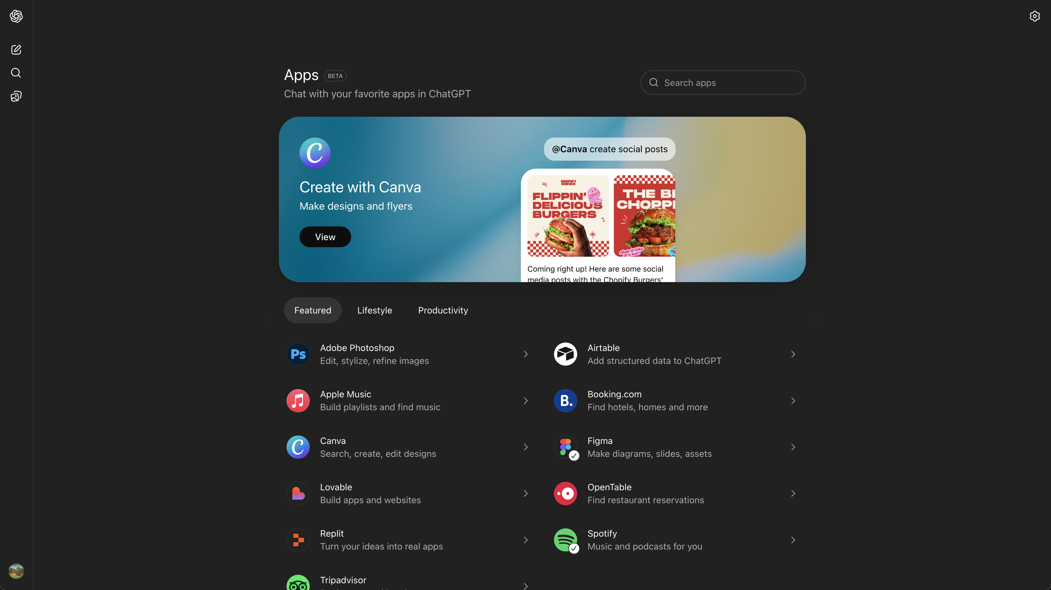 ChatGPT Apps Store showing featured apps like Canva, Adobe Photoshop, Spotify, and more