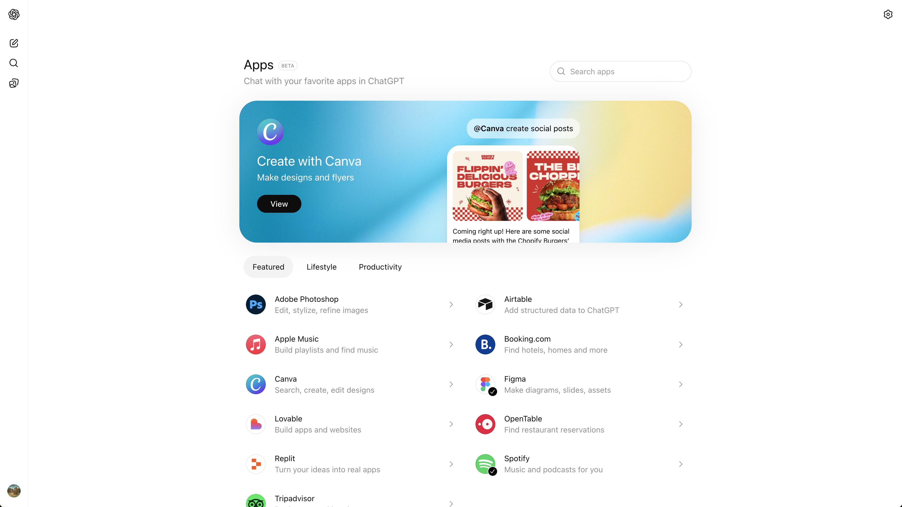 ChatGPT Apps Store showing featured apps like Canva, Adobe Photoshop, Spotify, and more